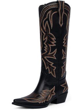Women's Black Knee High Boots Embroidered Pull on Pointed Toe Chunky Heel